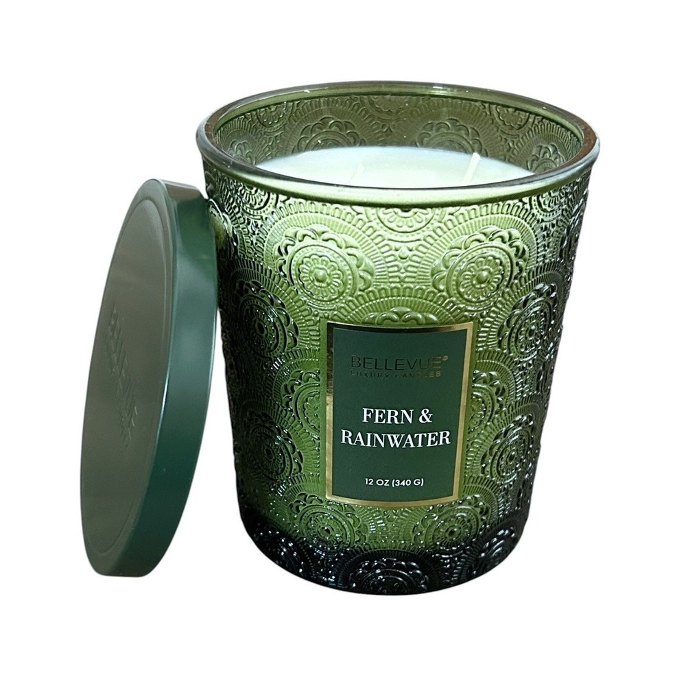 Bellevue Candle Forest Fern & Rainwater Embossed Green Soy Blend 2 Wick 12 Oz